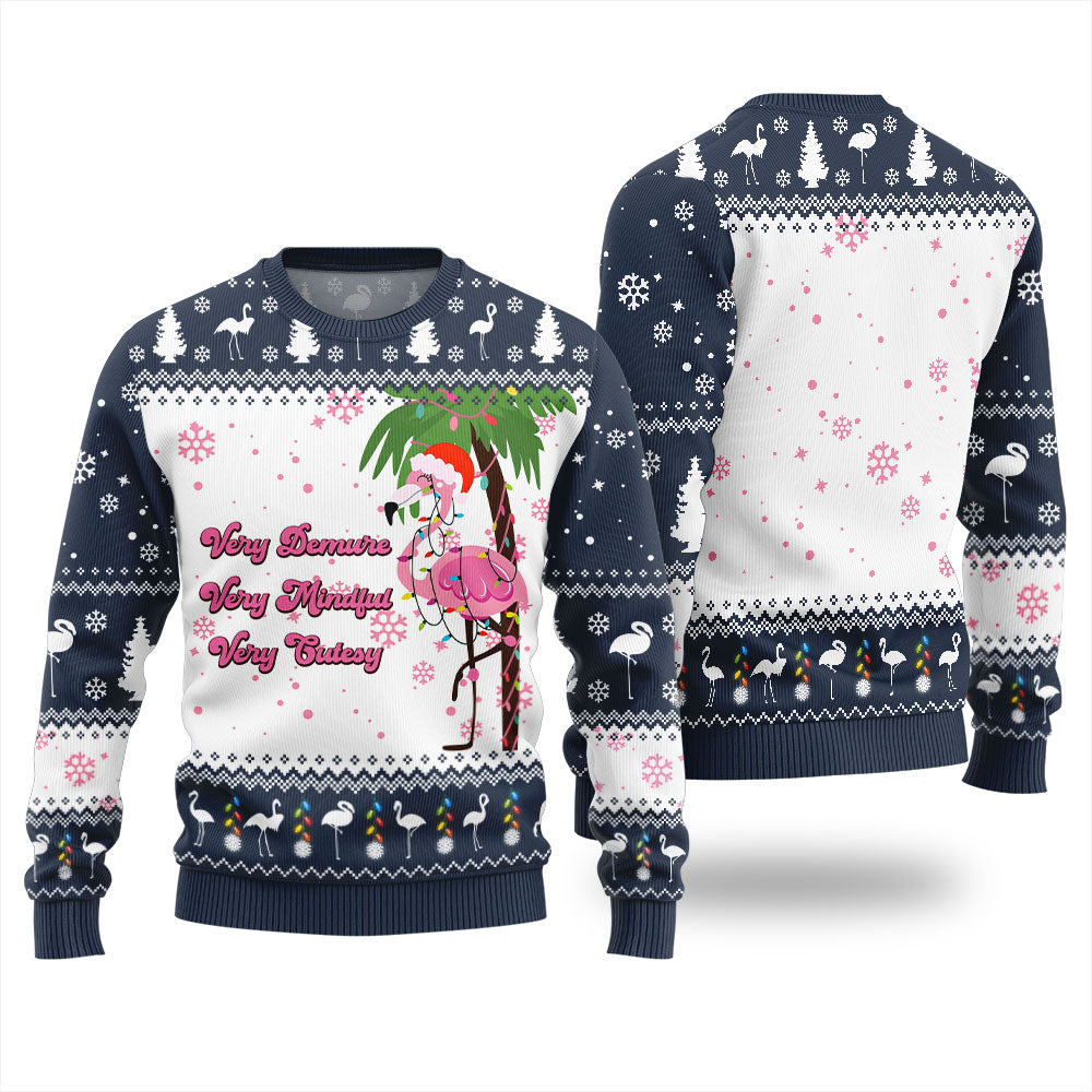 Festive Demure Mindful Cutesy Flamingo Funny Sweater Navy