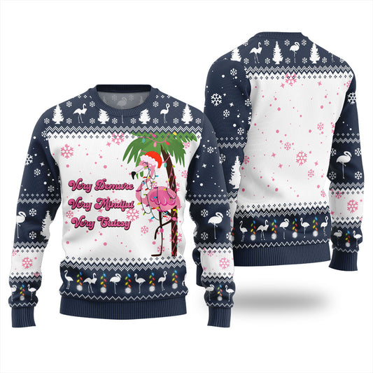Festive Demure Mindful Cutesy Flamingo Funny Sweater Navy