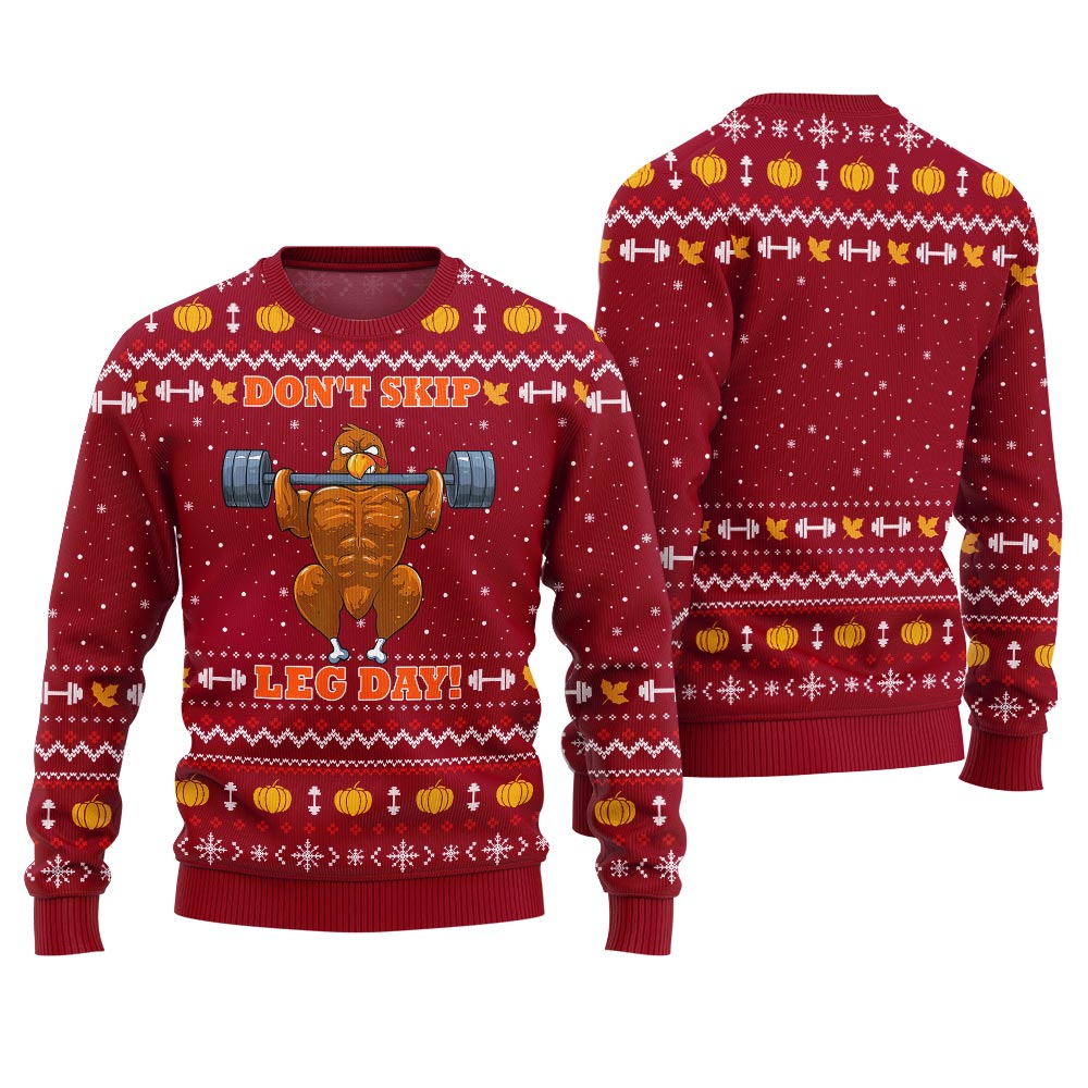 Festive Don't Skip Leg Day Thanksgiving Holiday Sweater Red
