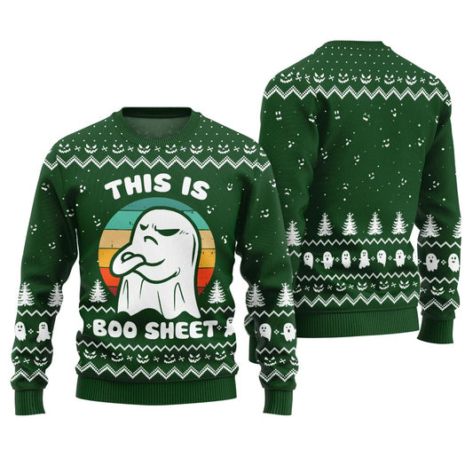 Festive Halloween This Is Boo Sheet Ugly Sweater Green
