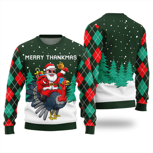 Festive Santa Merry Thankmas Ugly Thanksgiving Sweater Green