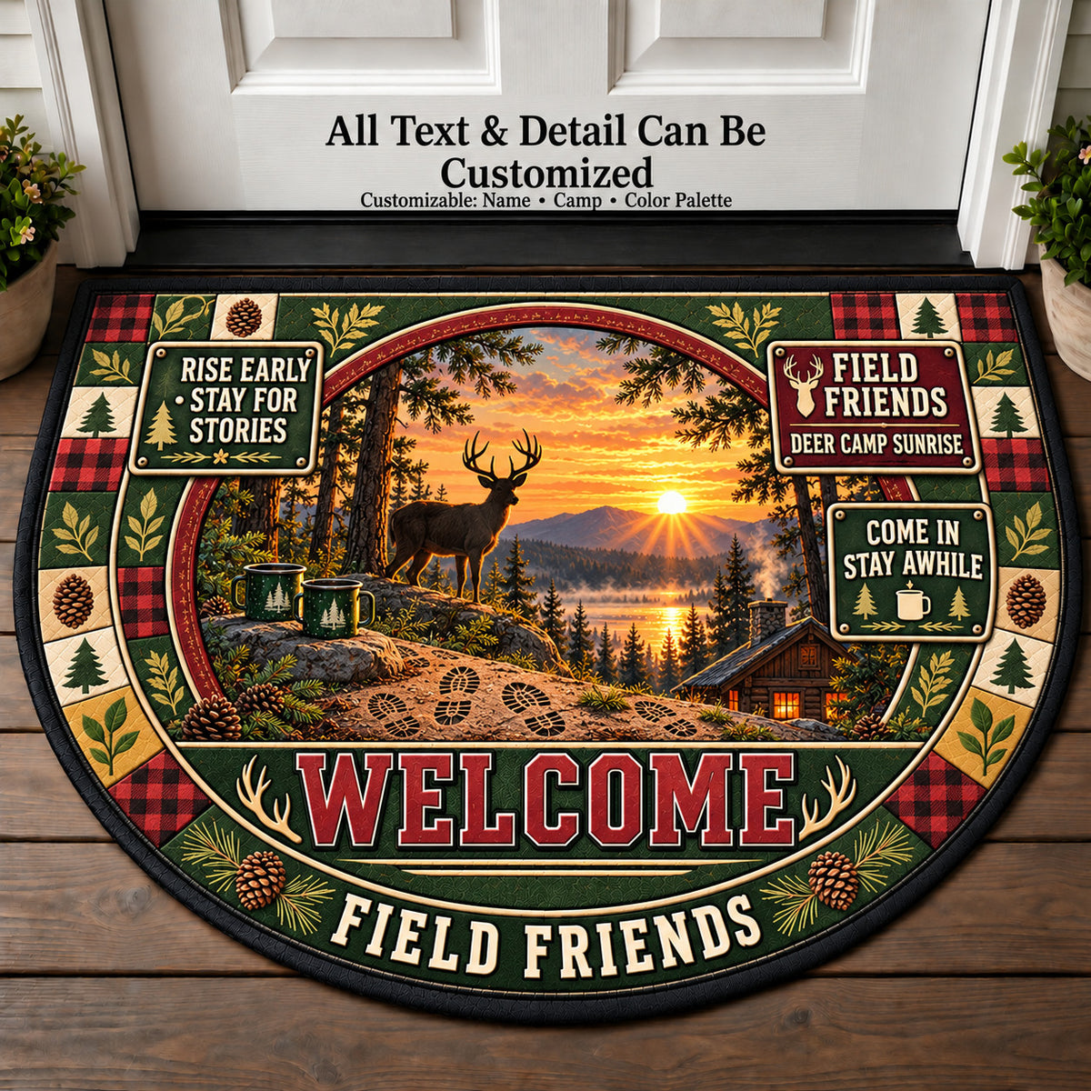 Deer Camp Sunrise - Field Friends Personalized Half Round Mat | 5To9Vibe