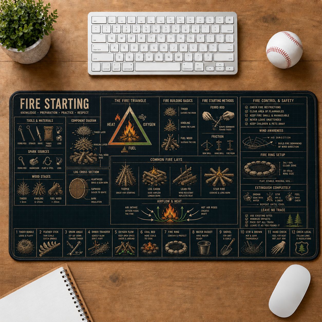 Fire Starting Outdoor Skills Field Guide Desk Mat | 5To9Vibe