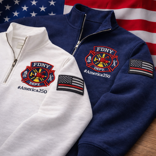Firefighter America 250 Anniversary Embroidered Logo Premium Quarter Zip Sweatshirt, Inspired Quarter Zip Sweater