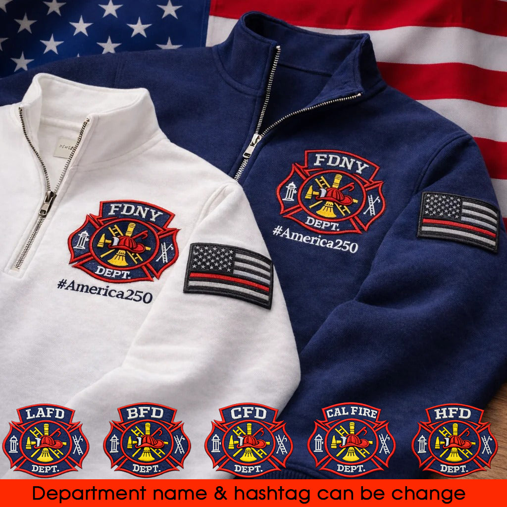 Firefighter America 250 Anniversary Embroidered Logo Premium Quarter Zip Sweatshirt, Inspired Quarter Zip Sweater-Sweatshirts-5TO9VIBE