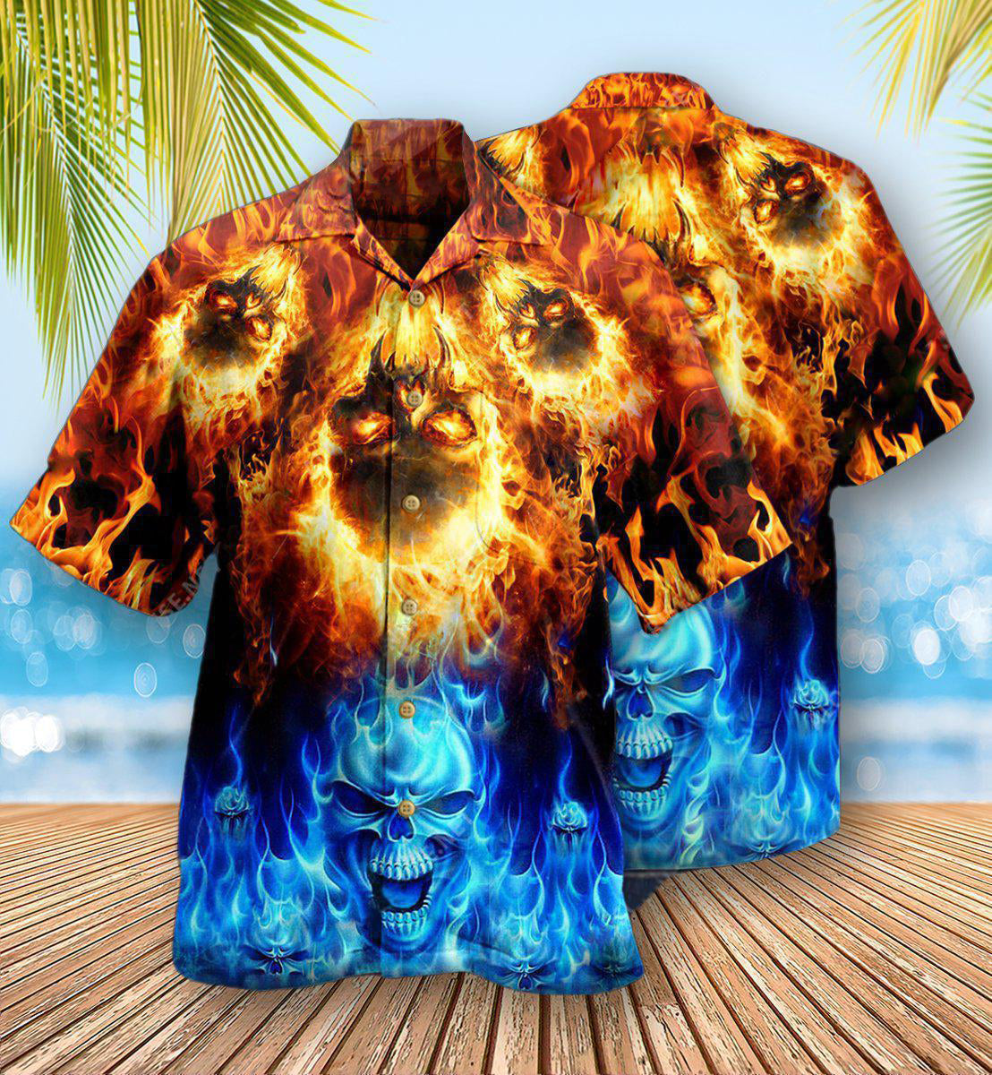 Skull Fire Burning Forever Fire And Water - Hawaiian Shirt 