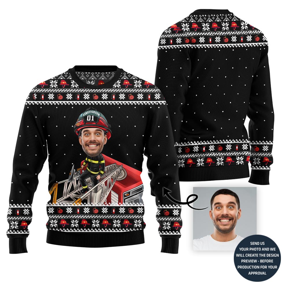 Firefighter Custom Face Funny Holiday Sweater