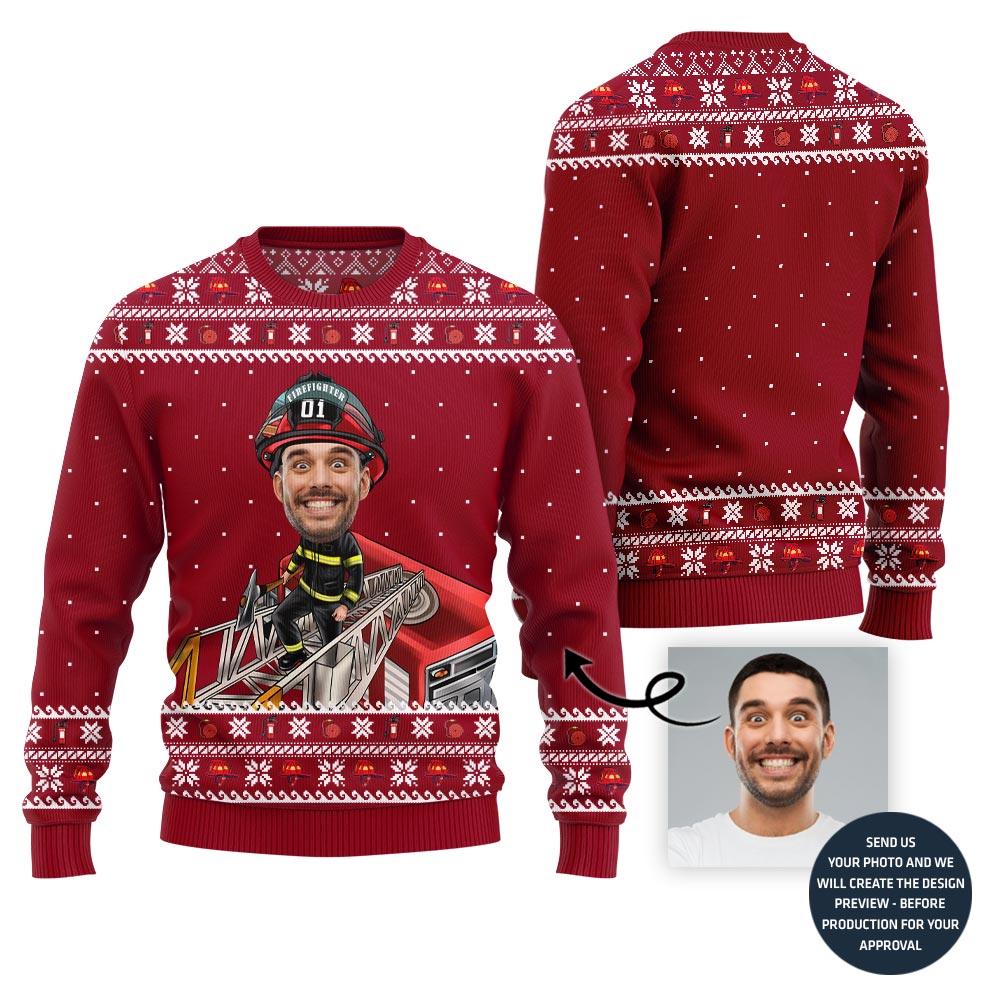 Firefighter Custom Face Funny Holiday Sweater