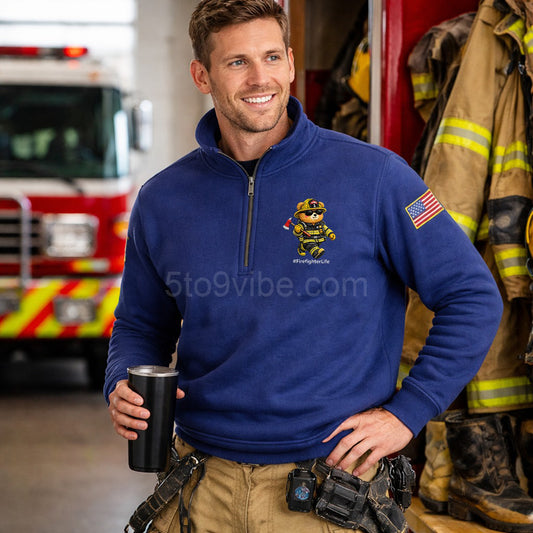 Firefighter Life Embroidered Quarter Zip Sweatshirt, Funny Firefighter Life Bear Pullover, Men's Casual Zip Up Jacket, Gift for Firefighter Life Lover Dad