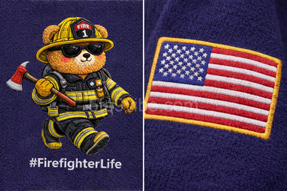 Firefighter Life Embroidered Quarter Zip Sweatshirt, Funny Firefighter Life Bear Pullover, Men's Casual Zip Up Jacket, Gift for Firefighter Life Lover Dad