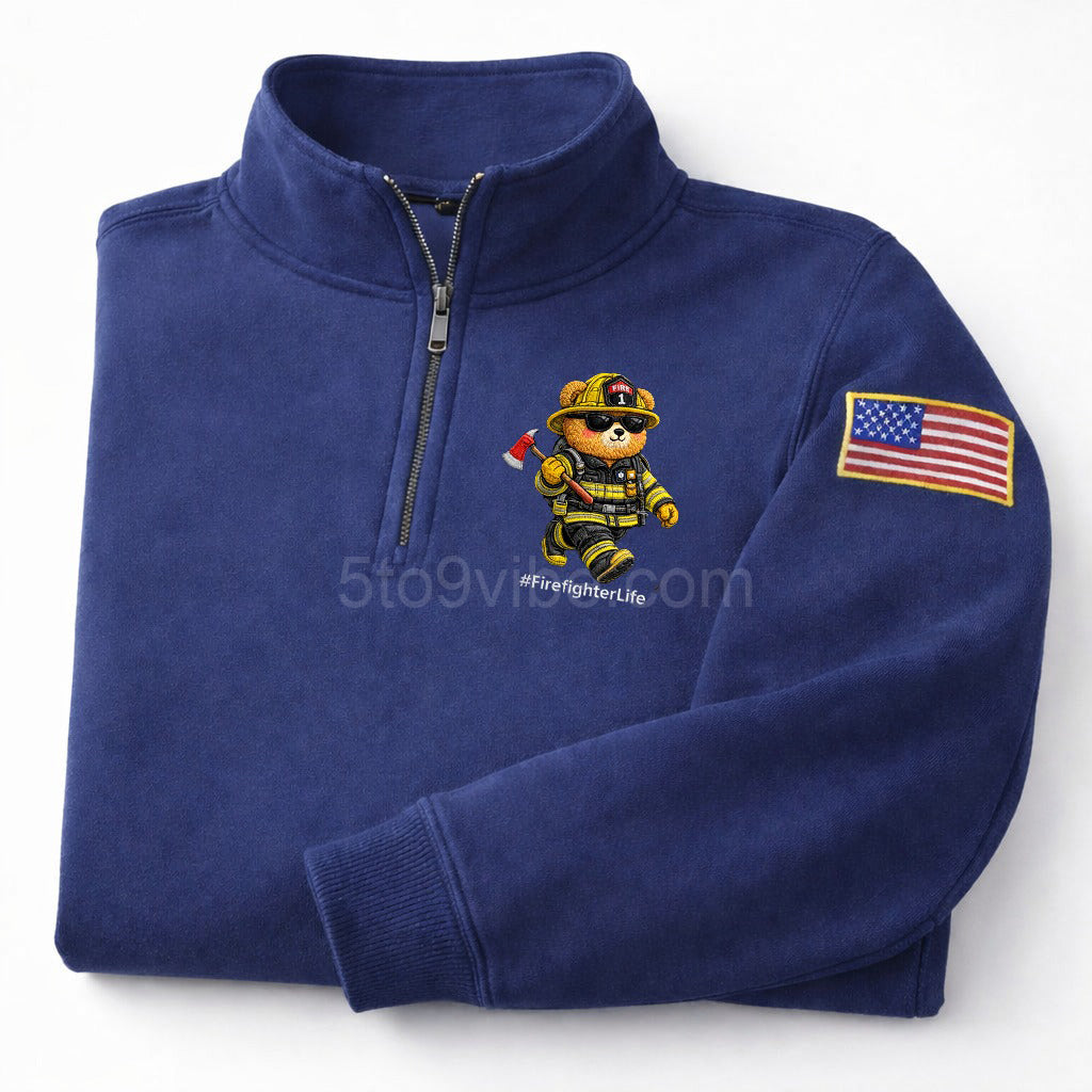 Firefighter Life Embroidered Quarter Zip Sweatshirt, Funny Firefighter Life Bear Pullover, Men's Casual Zip Up Jacket, Gift for Firefighter Life Lover Dad