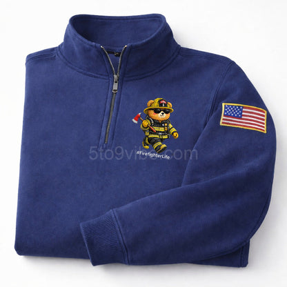 Firefighter Life Embroidered Quarter Zip Sweatshirt, Funny Firefighter Life Bear Pullover, Men's Casual Zip Up Jacket, Gift for Firefighter Life Lover Dad