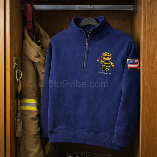 Firefighter Life Embroidered Quarter Zip Sweatshirt, Funny Firefighter Life Bear Pullover, Men's Casual Zip Up Jacket, Gift for Firefighter Life Lover Dad