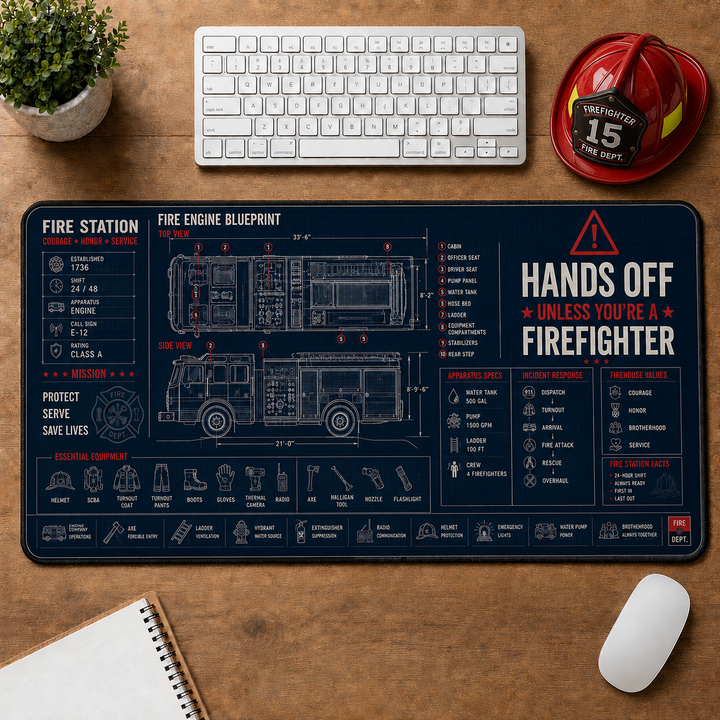 Firefighter Mat: Fire Engine Blueprint Large Desk Mat - Firefighter Station & Apparatus Plus Size Mouse Pad - 5to9vibe