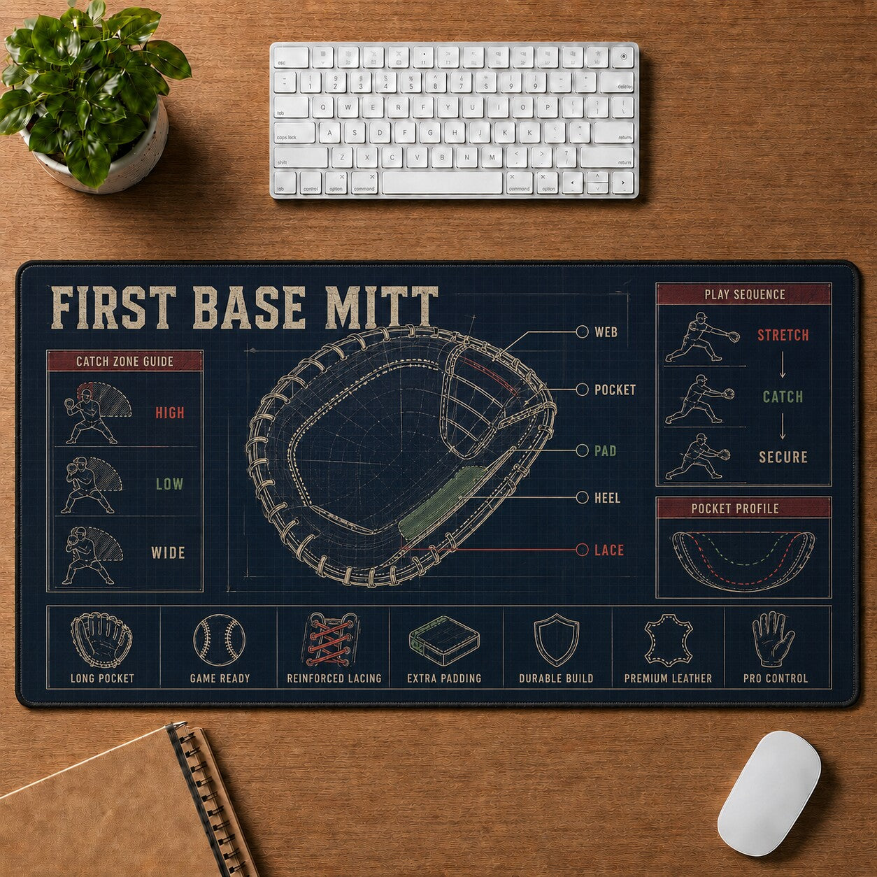 First Base Mitt Baseball Blueprint Desk Mat | 5To9Vibe