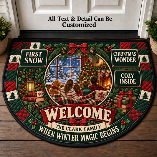 First Snow Of Christmas Personalized Half Round Mat | 5To9Vibe