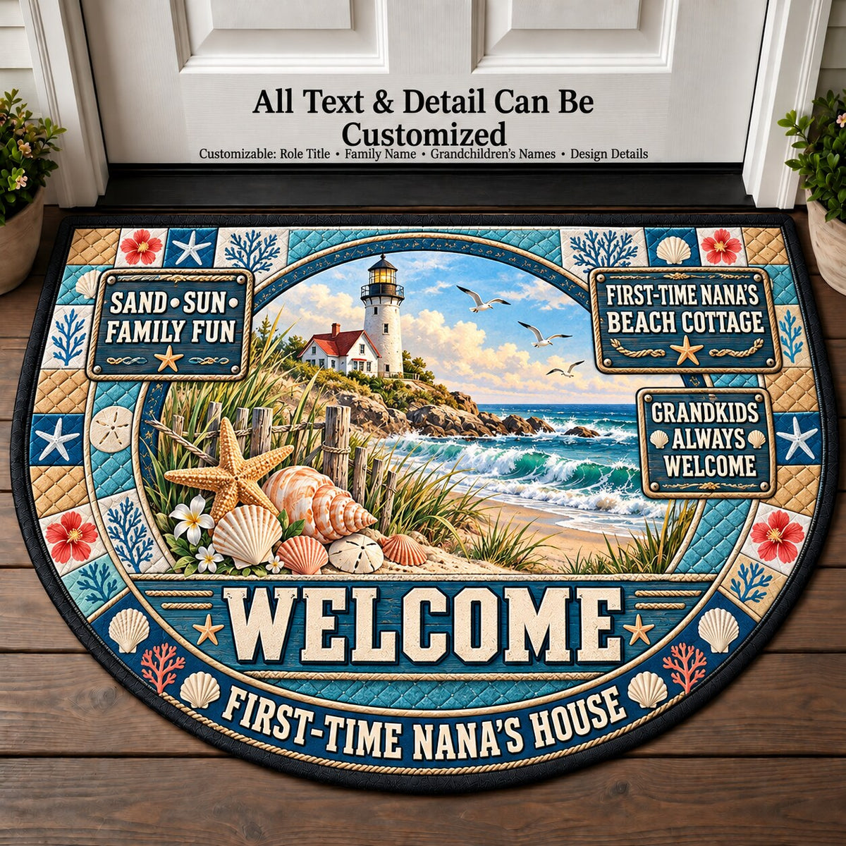 First-Time Nana's Beach Cottage Personalized Half Round Mat | 5To9Vibe