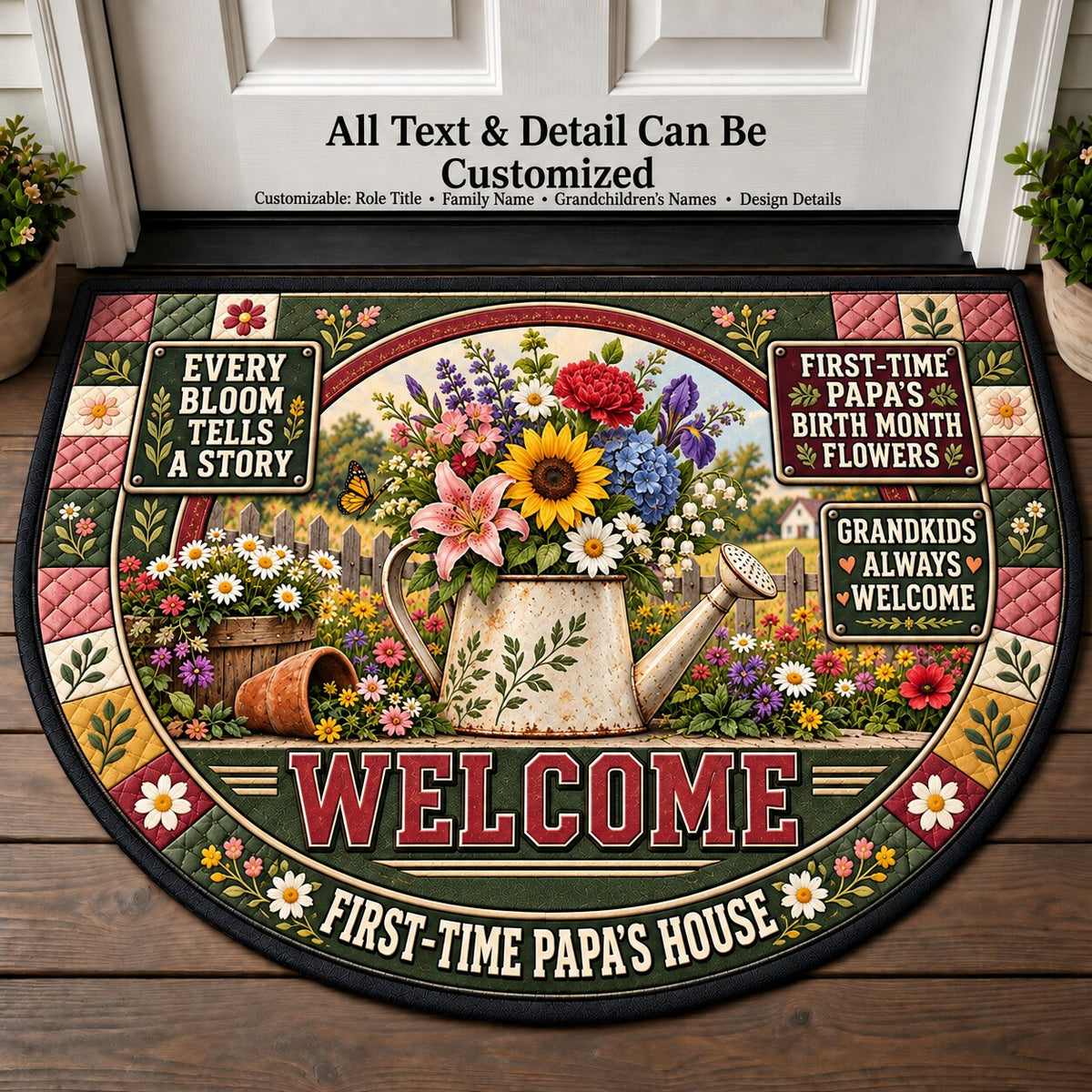 First-Time Papa's Birth Month Flowers Personalized Half Round Mat | 5To9Vibe