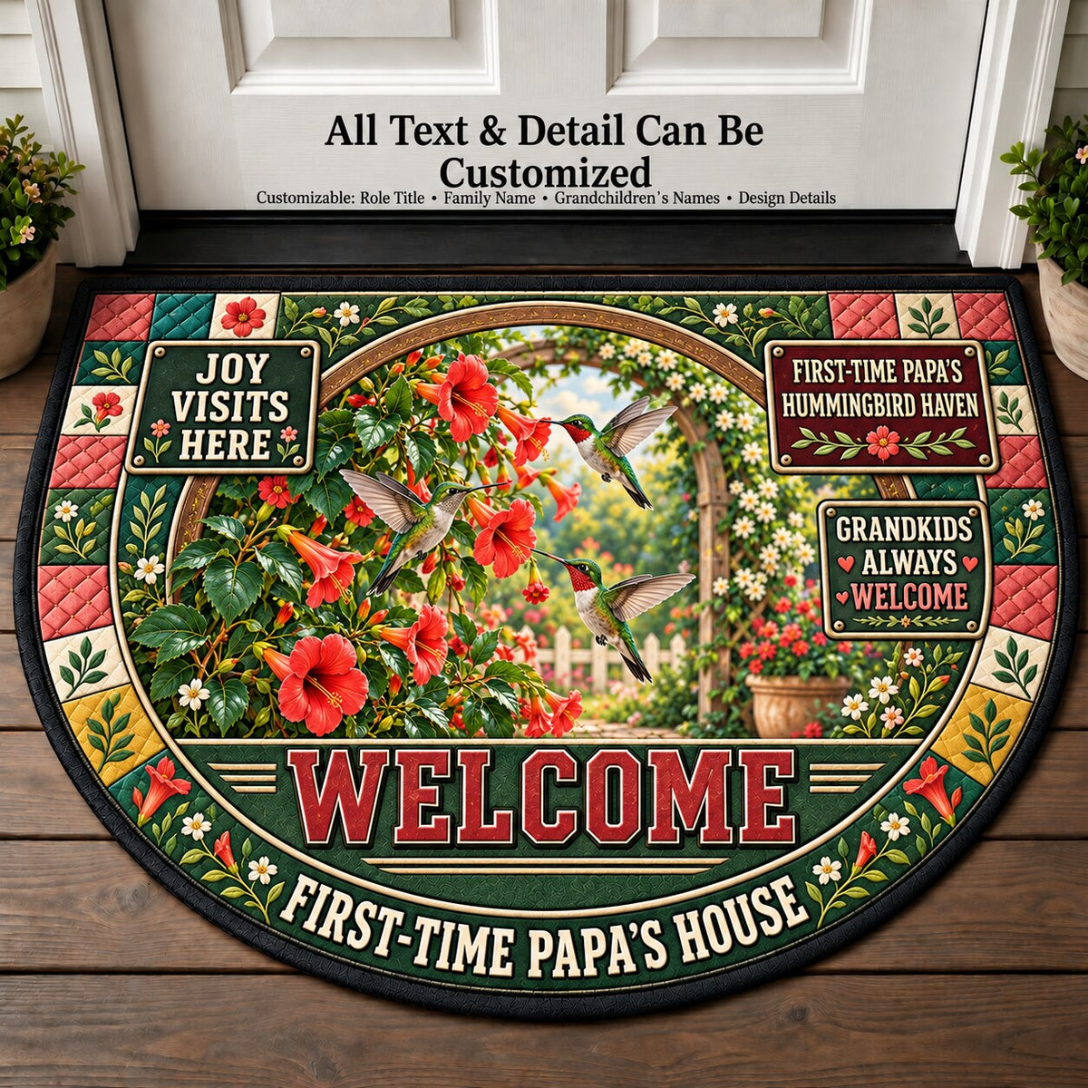 First-Time Papa's Hummingbird Haven Personalized Half Round Mat | 5To9Vibe