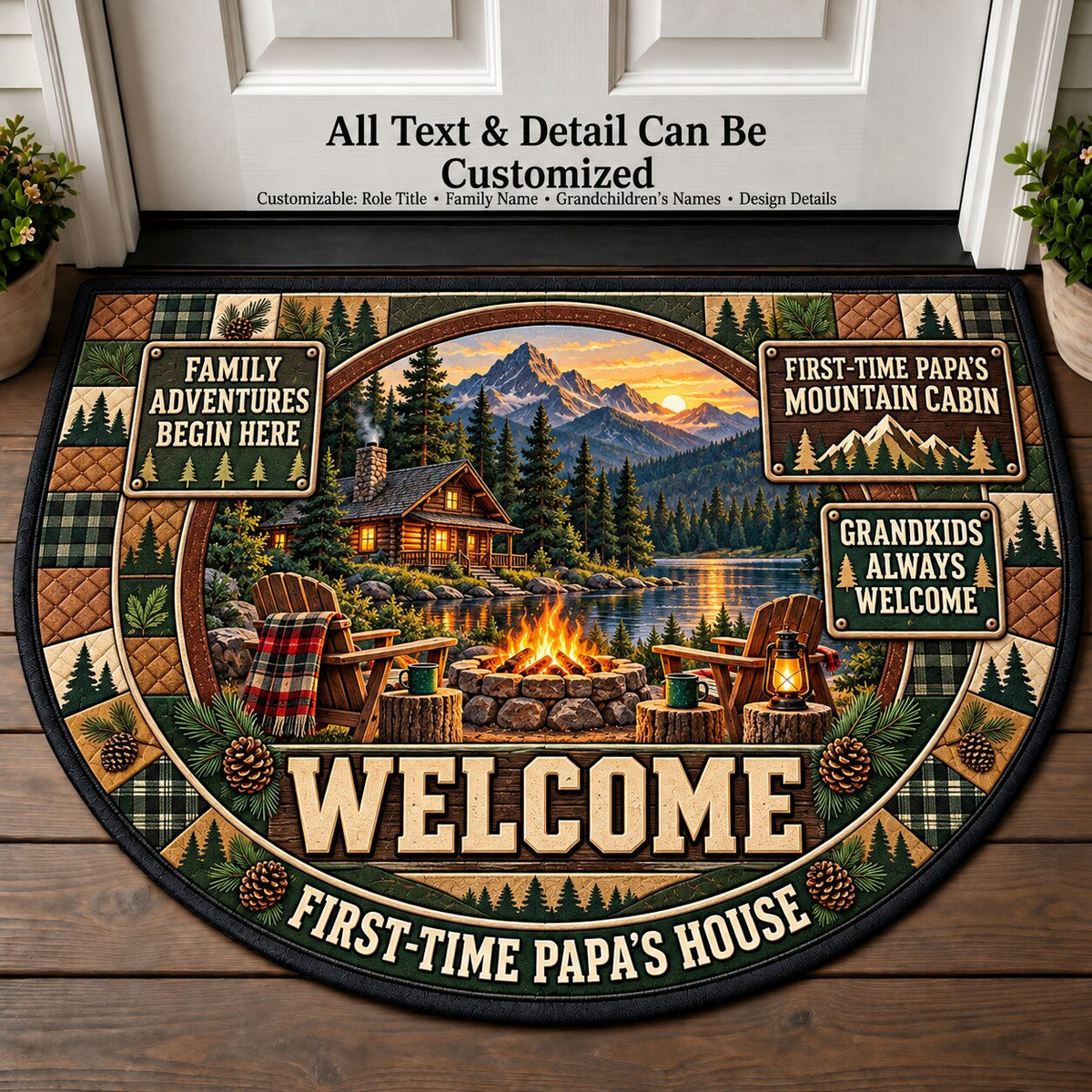 First-Time Papa's Mountain Cabin Personalized Half Round Mat | 5To9Vibe