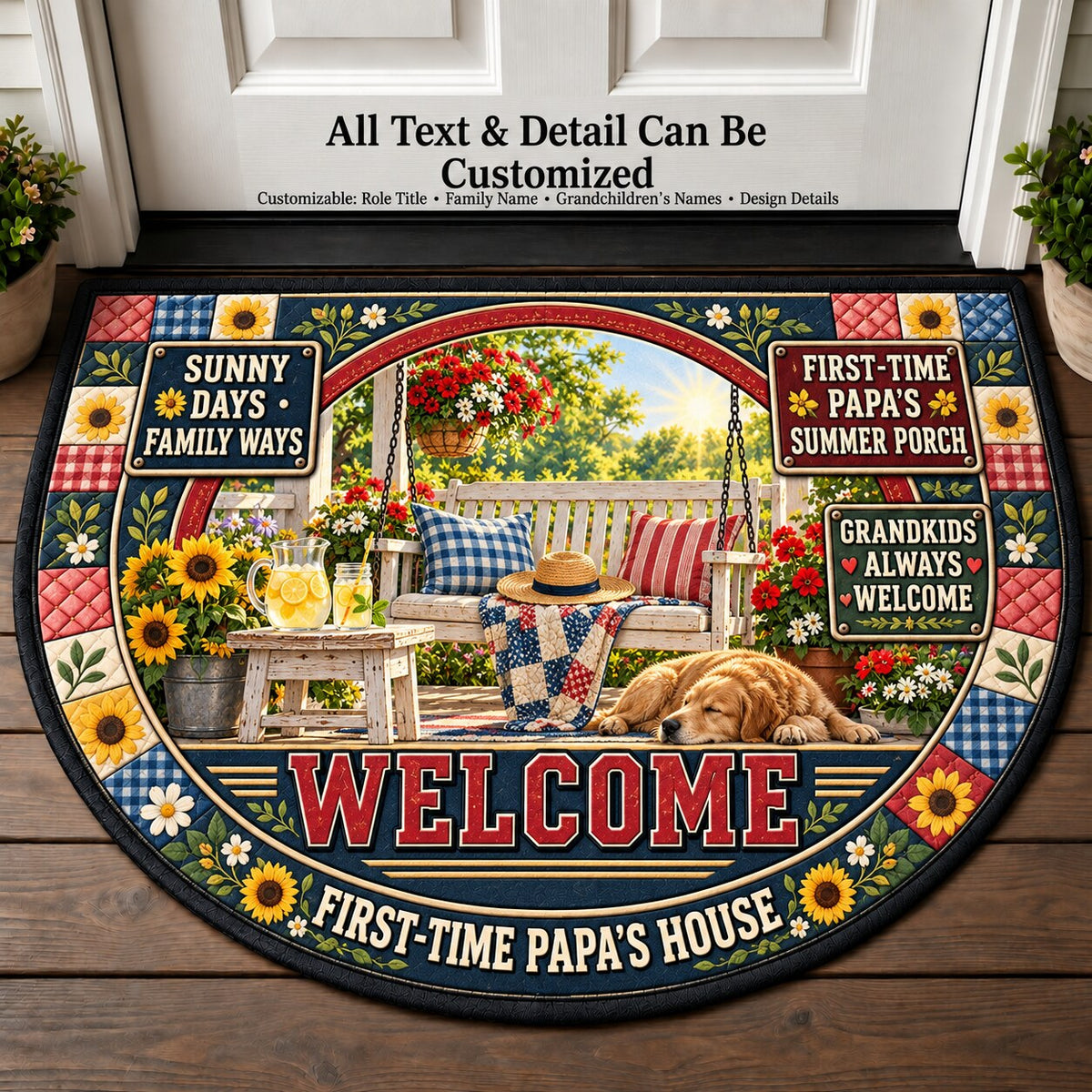 First-Time Papa's Summer Porch Personalized Half Round Mat | 5To9Vibe