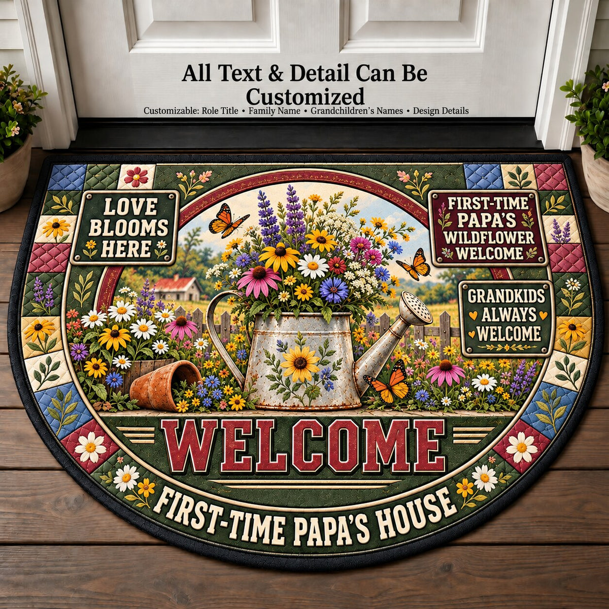 First-Time Papa's Wildflower Welcome Personalized Half Round Mat | 5To9Vibe