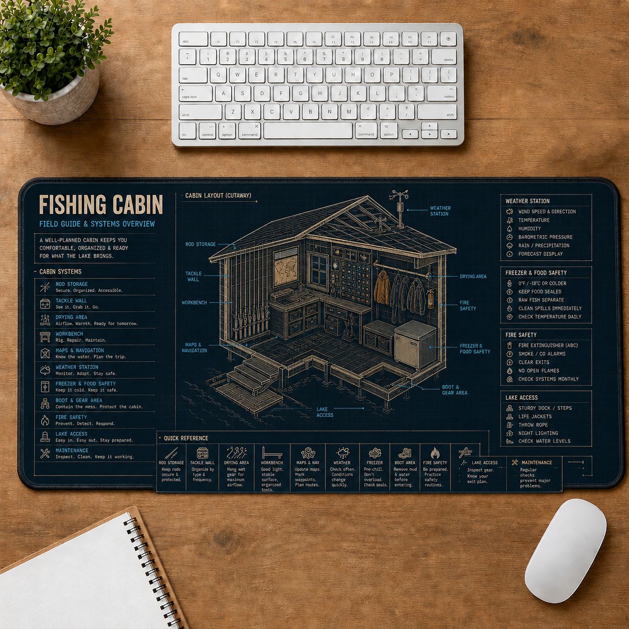 Fishing Cabin Fishing Field Guide Desk Mat | 5To9Vibe
