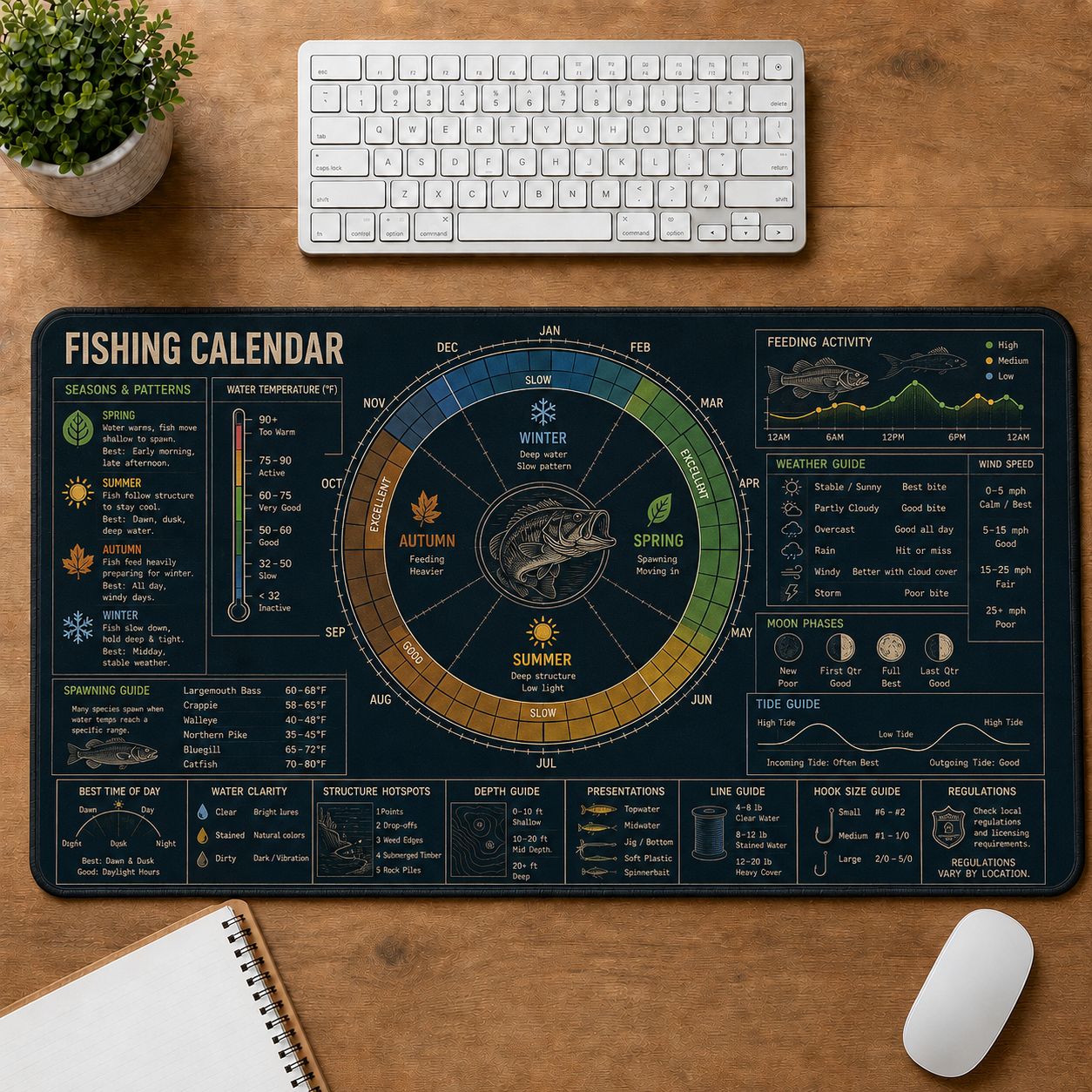 Fishing Calendar Outdoor Skills Field Guide Desk Mat | 5To9Vibe