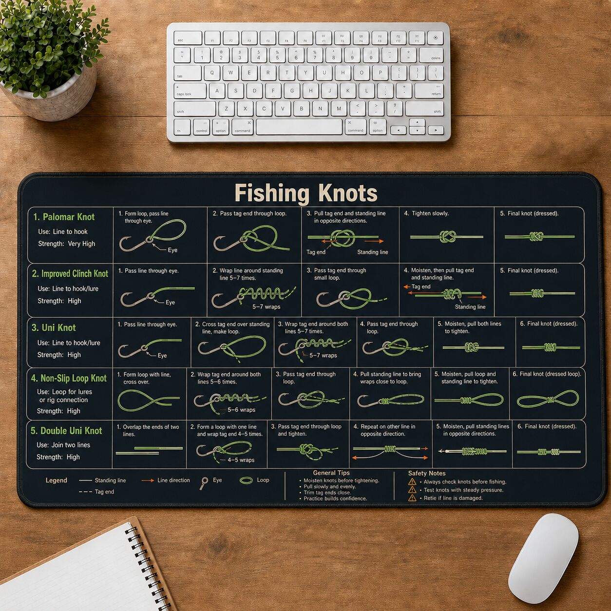 Fishing Knots Cheat Sheet Quick Reference Guide Desk Mat | 5To9Vibe