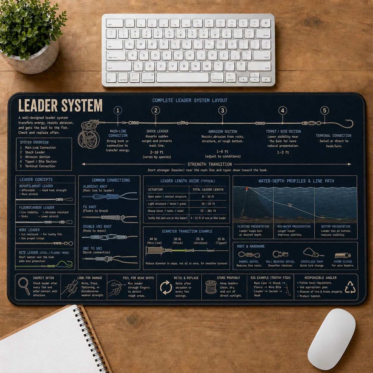 Fishing Leader System Fishing Field Guide Desk Mat | 5To9Vibe