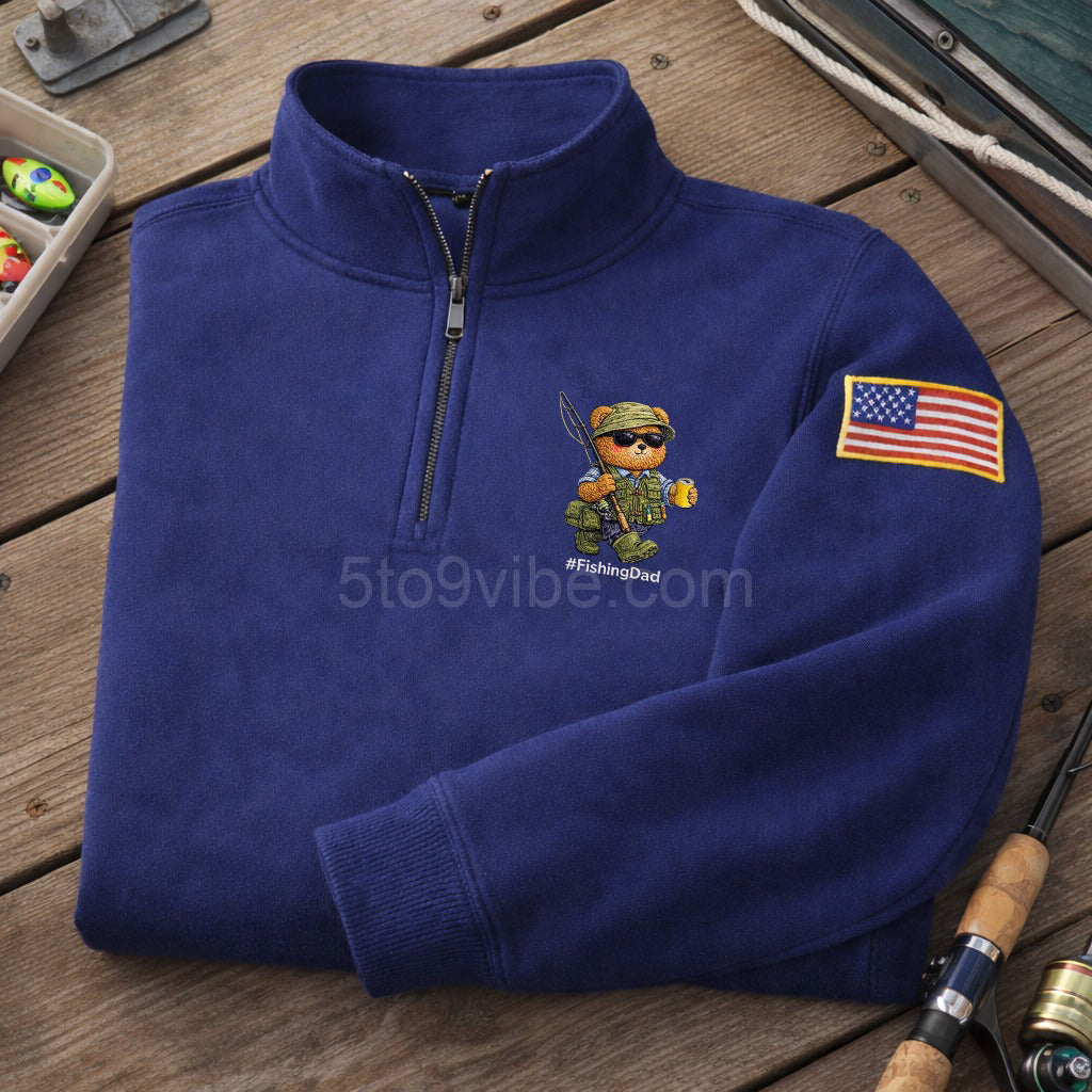 Fishing Dad Embroidered Quarter Zip Sweatshirt, Funny Fishing Dad Life Bear Pullover, Men's Casual Zip Up Jacket, Gift for Fishing Dad Lover Dad