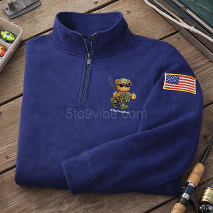 Fishing Dad Embroidered Quarter Zip Sweatshirt, Funny Fishing Dad Life Bear Pullover, Men's Casual Zip Up Jacket, Gift for Fishing Dad Lover Dad
