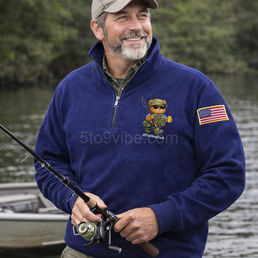Fishing Dad Embroidered Quarter Zip Sweatshirt, Funny Fishing Dad Life Bear Pullover, Men's Casual Zip Up Jacket, Gift for Fishing Dad Lover Dad