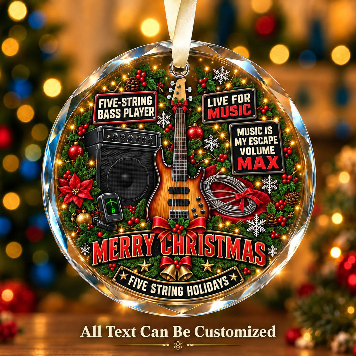 Five-String Bass Player Personalized Glass Ornament | 5To9Vibe
