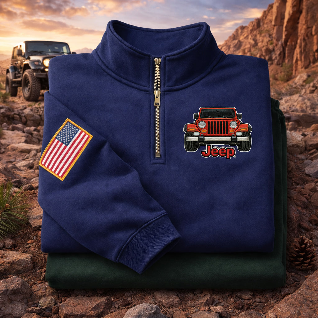 Sudadera prémium unisex Jeep bordada con cremallera de cuarto, suéter con cremallera de cuarto inspirado