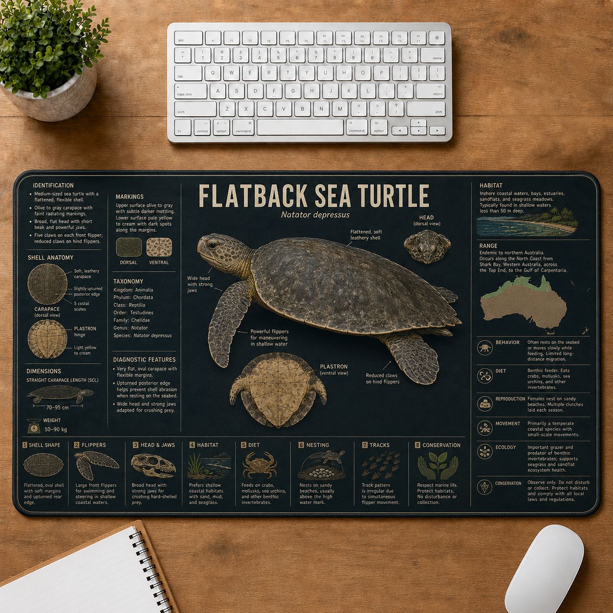 Flatback Sea Turtle Turtle and Tortoise Species Guide Desk Mat | 5To9Vibe