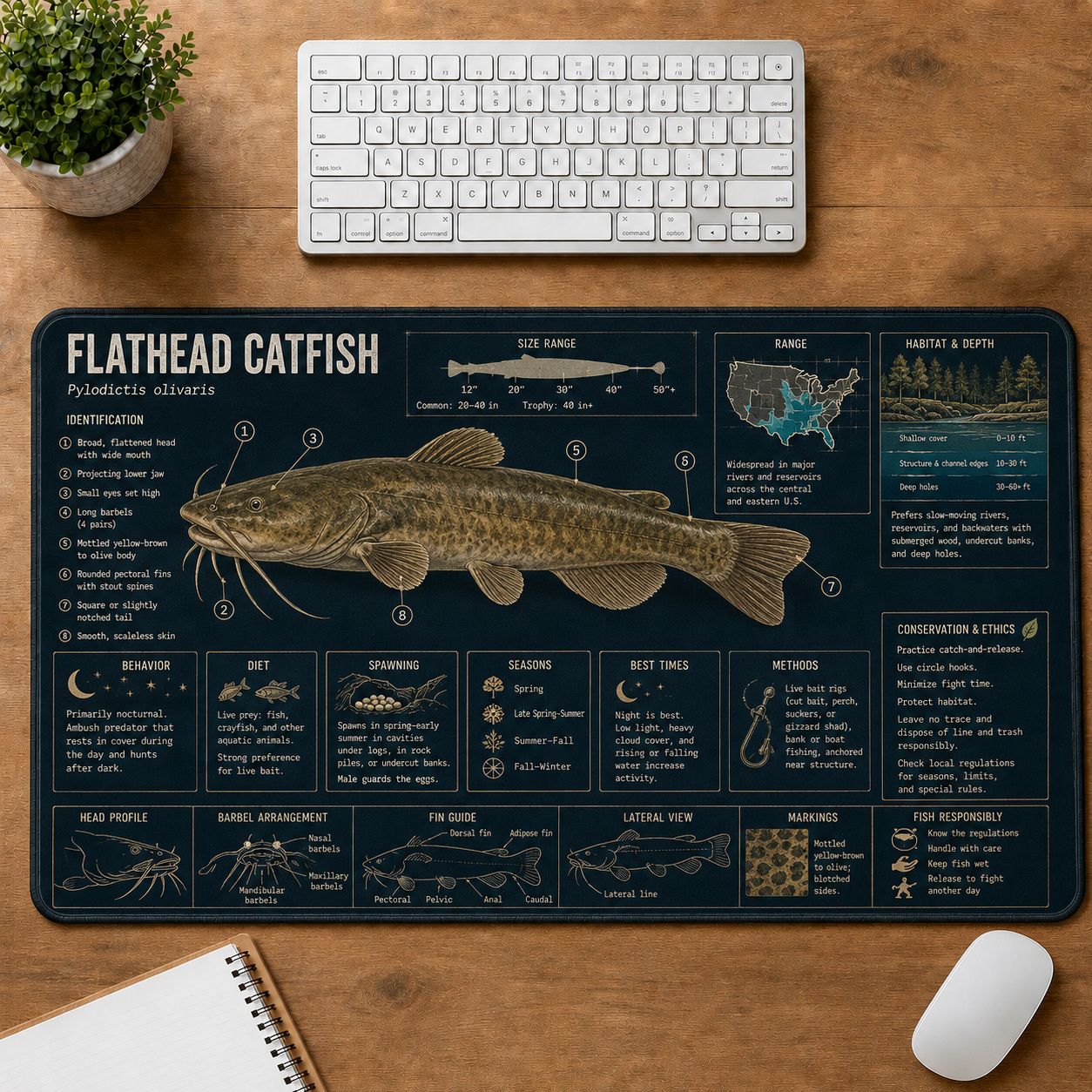 Flathead Catfish Fishing Field Guide Desk Mat | 5To9Vibe