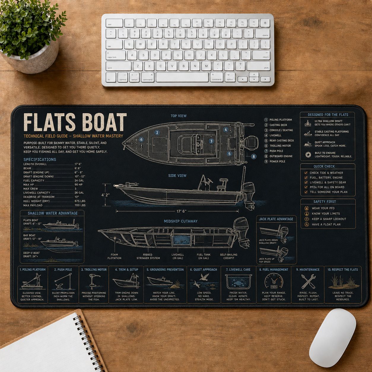 Flats Boat Fishing Field Guide Desk Mat | 5To9Vibe
