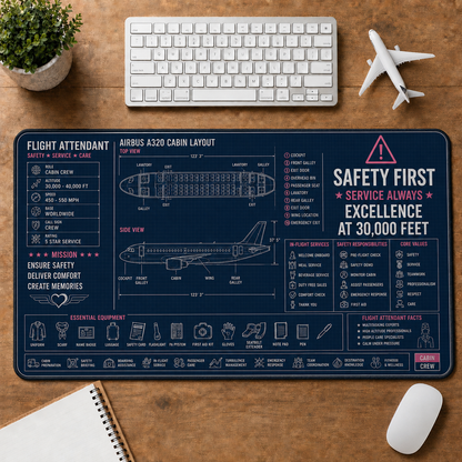 Flight Attendant Blueprint Large Desk Mat - Aircraft Cabin & Aviation Alphabet Plus Size Mouse Pad - 5to9vibe