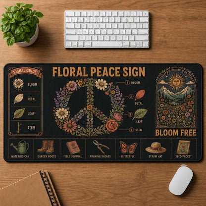Botanical Garden Hippie Desk Mat Mouse Pad | 5To9Vibe - Floral Peace Sign style