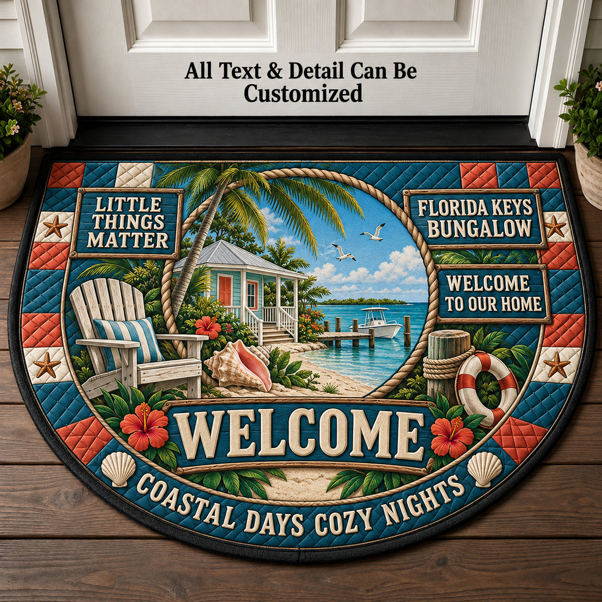Florida Keys Bungalow Personalized Half Round Mat | 5To9Vibe