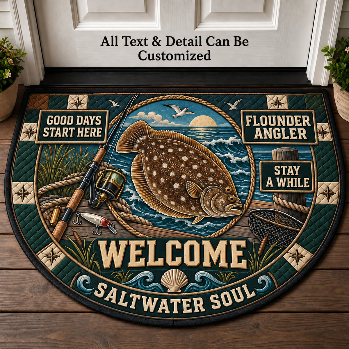 Flounder Angler Personalized Half Round Mat | 5To9Vibe