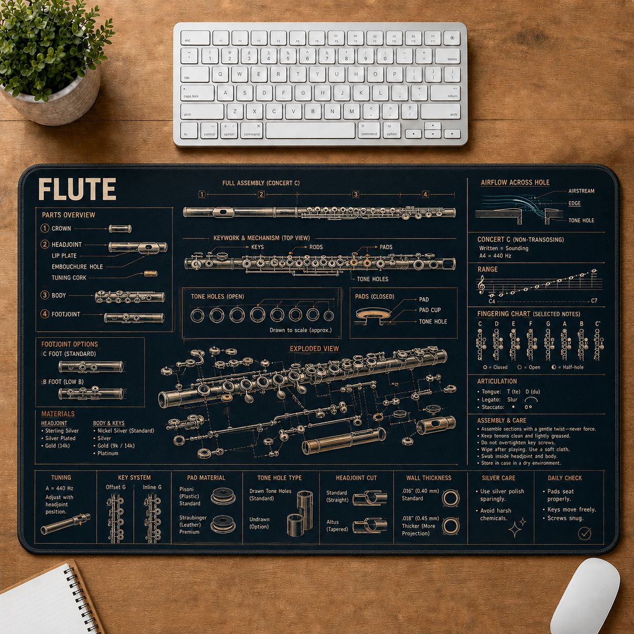 Flute Musical Instrument Blueprint Guide Desk Mat | 5To9Vibe