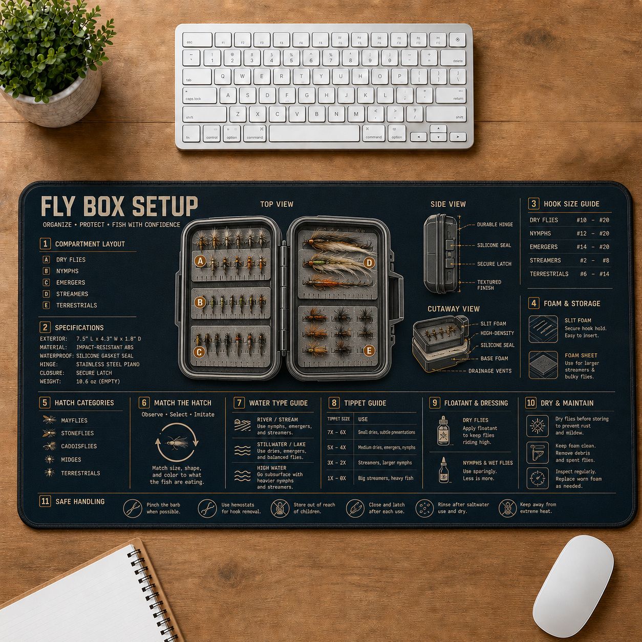 Fly Box Setup Fishing Field Guide Desk Mat | 5To9Vibe