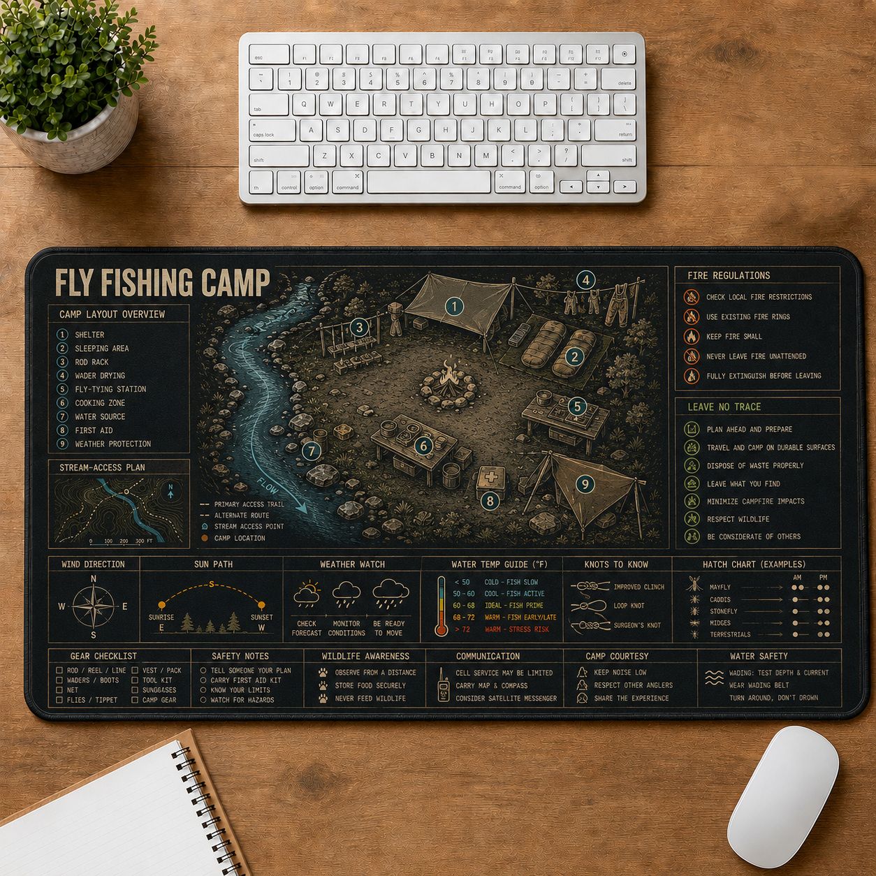 Fly Fishing Camp Fishing Field Guide Desk Mat | 5To9Vibe
