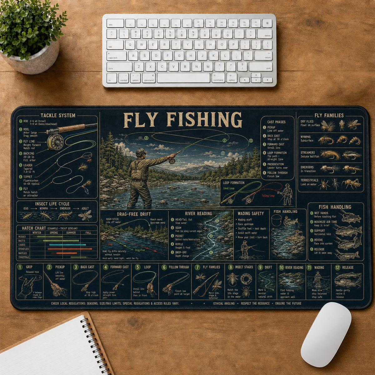 Fly Fishing Sports Visual Guide Desk Mat | 5To9Vibe