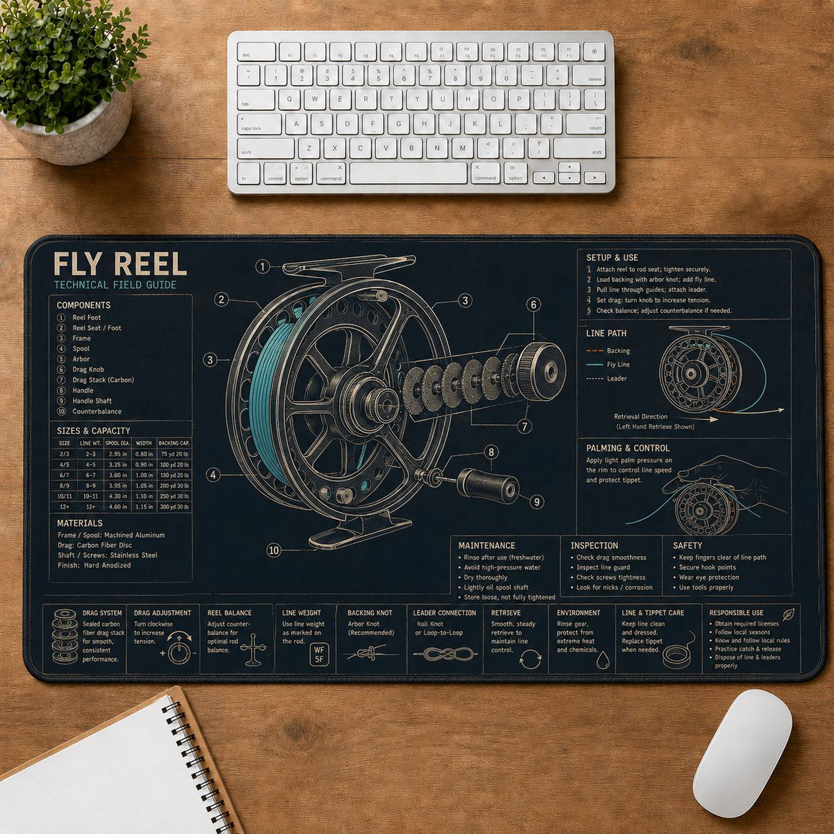 Fly Reel Fishing Field Guide Desk Mat | 5To9Vibe