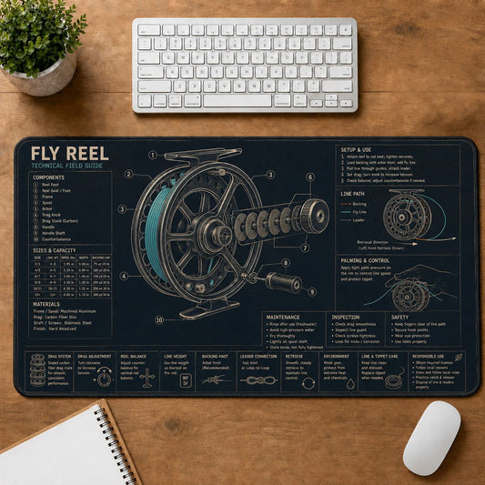 Fly Reel Fishing Field Guide Desk Mat | 5To9Vibe