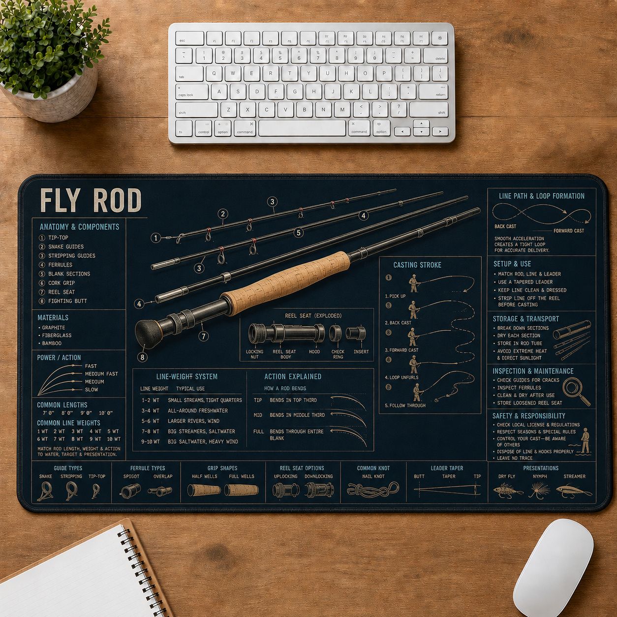 Fly Rod Fishing Field Guide Desk Mat | 5To9Vibe