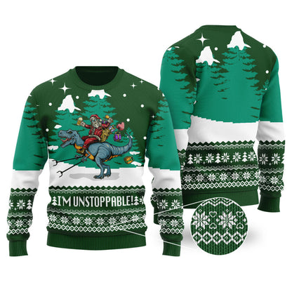 Forest Green Funny Santa T-Rex Christmas Sweater - Funny Ugly Christmas Sweater